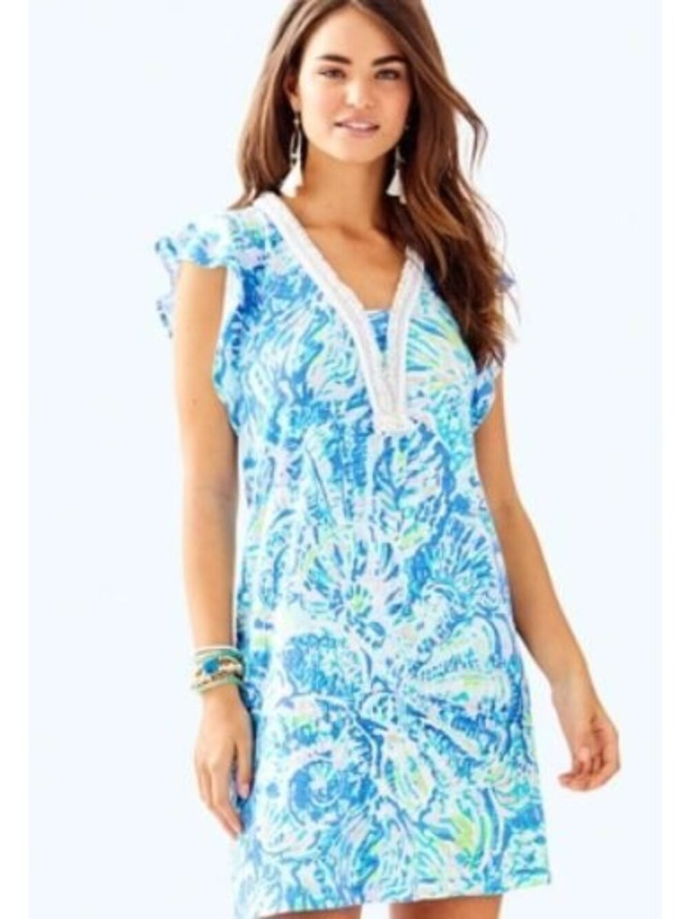 Lilly Pultizer Zandra Dress Salty Seas Blue Tropical XS Cap Sleeve Palm Beach